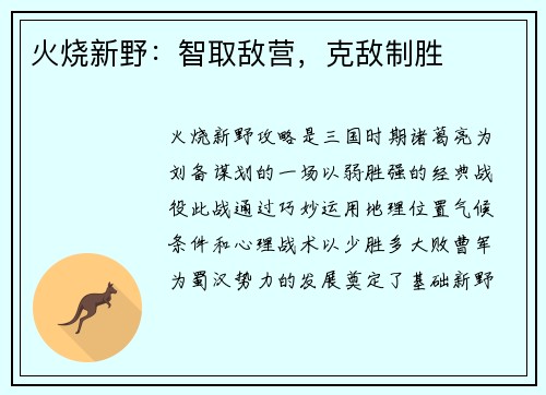 火烧新野：智取敌营，克敌制胜